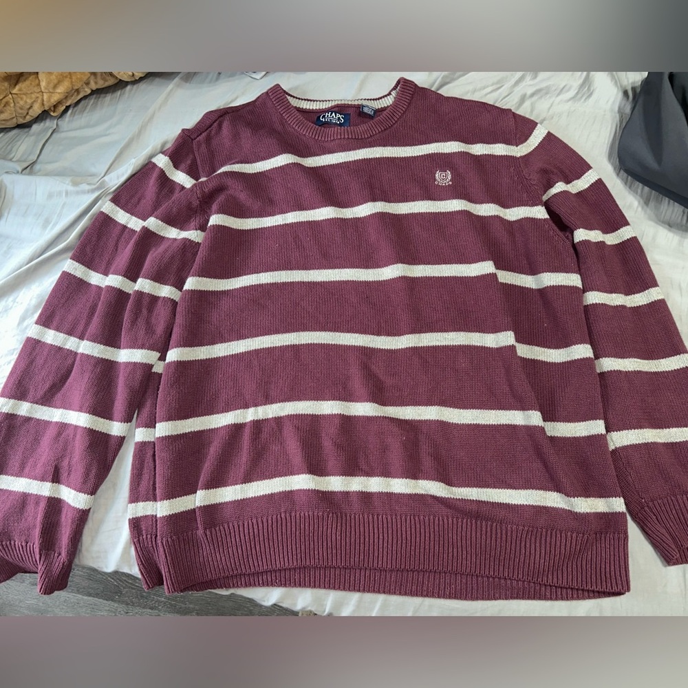 Men's Vintage Striped Purple and Gray Knit Chaps Brand Sweater Size XXL